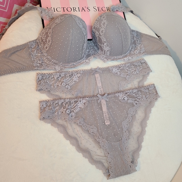 Victoria's Secret Other - VS Dream Angels 3pc Bra & Panties Set Size 34E/med ☆ Gray Dotted Lace